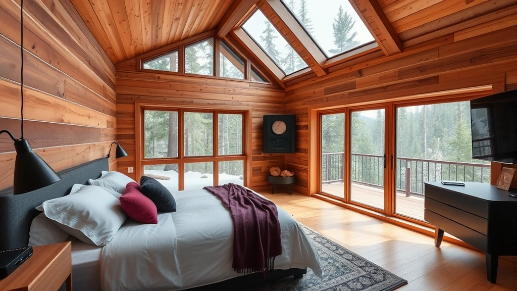 Modern cabin bedroom interior featuring wood accents, contemporary bedding, heated floors, and floor-to-ceiling windows overlooking forested landscape
