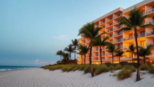 Modern beachfront hotel exterior with Gulf of Mexico view, palm trees, sandy beach in foreground, sunset lighting, contemporary architecture with balconies