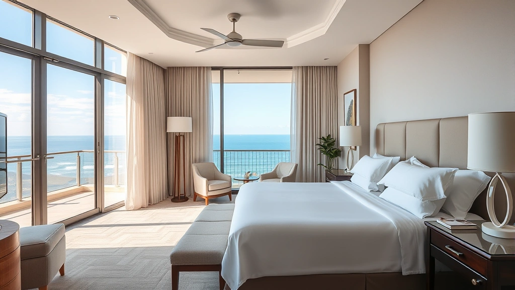 Upscale hotel room interior with king bed, ocean-view window, modern furnishings, white linens, coastal décor, bright natural lighting from balcony