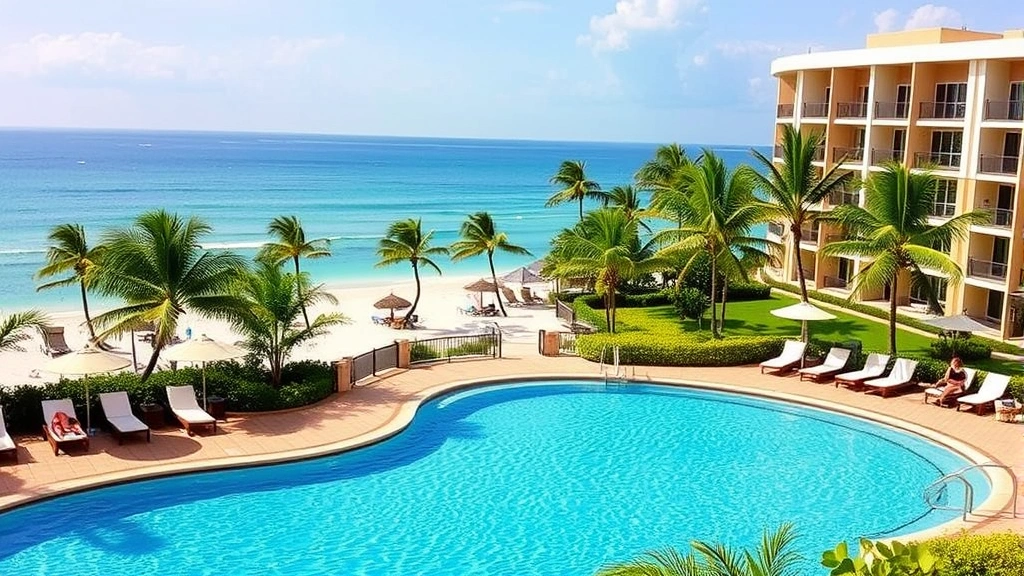 Resort pool area overlooking beach, lounge chairs with umbrellas, tropical landscaping, clear blue water, guests relaxing, beachfront buildings in background