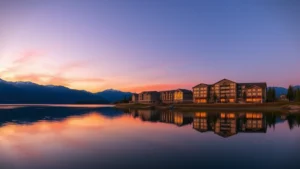 Panoramic view of Deep Creek Lake at sunset with modern hotel buildings reflected in calm water, mountains in background, no signs or text visible