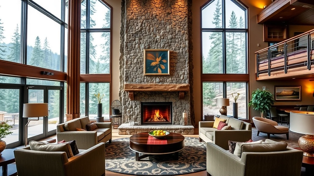 Luxurious hotel lobby with stone fireplace, comfortable seating areas, mountain lodge aesthetic, natural lighting from large windows overlooking forest