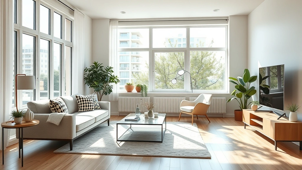 Bright, modern rental apartment living room with natural light from large windows, contemporary furniture, and welcoming atmosphere. Photorealistic interior design showing comfortable residential space without visible text or identifying information.