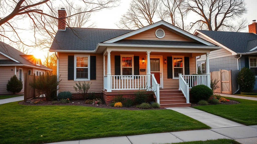 Cozy single-family home exterior with well-maintained landscaping, front porch, and residential neighborhood setting during golden hour. Photorealistic architectural detail showing inviting residential property in natural lighting without address numbers or signage.