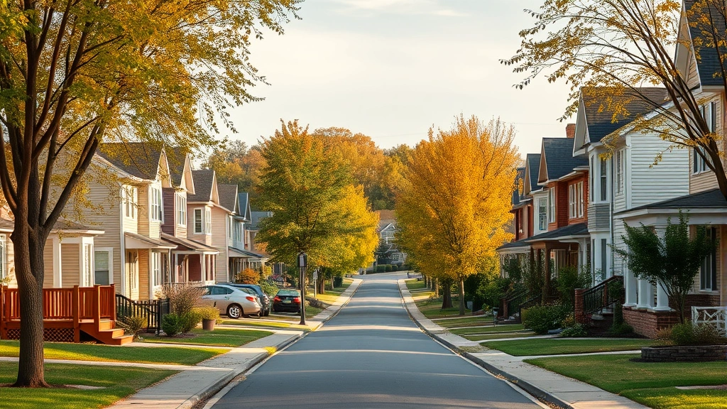 Peaceful residential neighborhood street lined with trees, diverse housing styles, and community feel during autumn afternoon. Photorealistic neighborhood scene showing established community character, walking paths, and residential harmony without visible addresses or identifying markers.