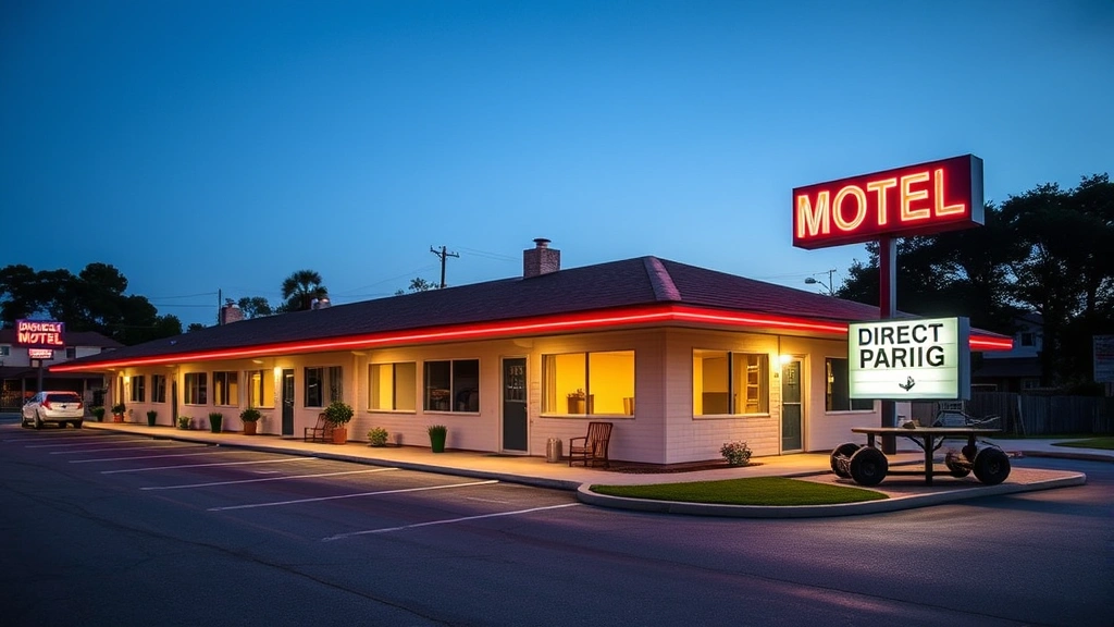 Modern motel exterior with single-story building, direct room parking access, neon sign, clean pavement, evening lighting, residential driveway style