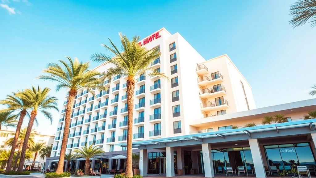 Modern hotel exterior with palm trees and blue sky, contemporary resort architecture, welcoming entrance with outdoor seating area, vacation destination aesthetic, bright daylight photography