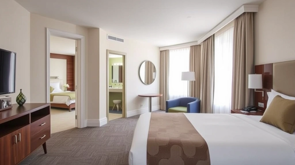 Spacious hotel room interior with comfortable bed, modern furnishings, clean bathroom visible through doorway, bright natural lighting from windows, contemporary hospitality design