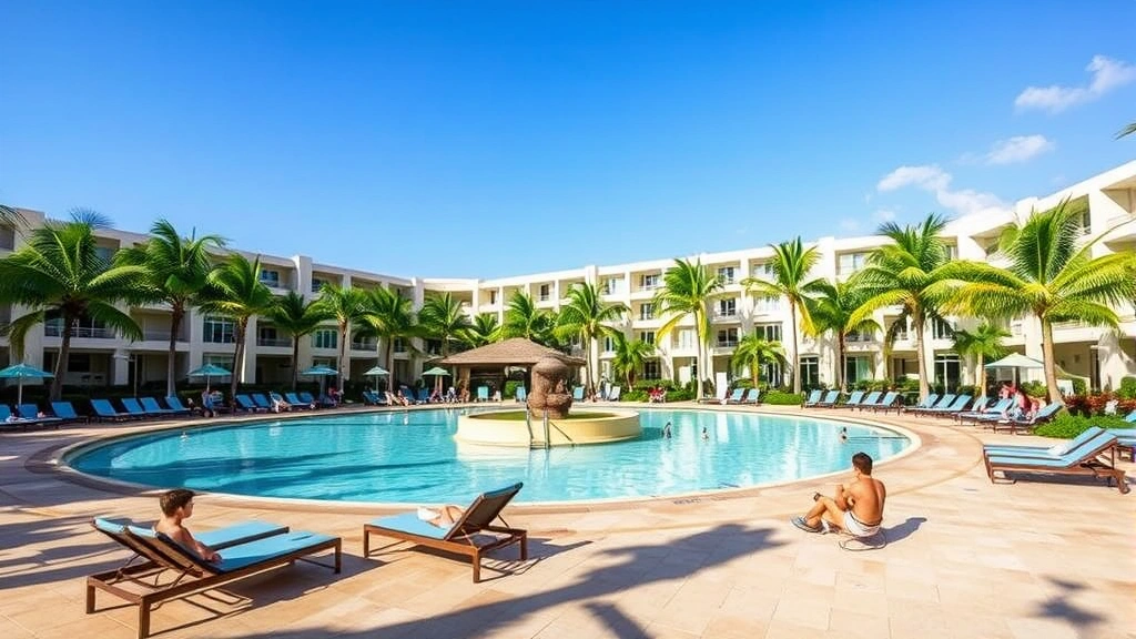 Outdoor resort pool area with lounge chairs, palm trees, clear water, sunny day, families enjoying recreational space, tropical vacation atmosphere, resort amenities visible