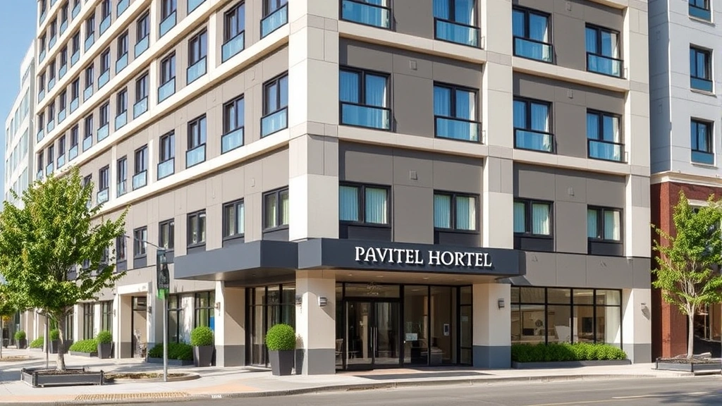 Multi-story hotel building exterior, architectural photography of modern hospitality property, professional commercial architecture, daytime natural lighting, clean geometric design, no visible signage or identifying markers