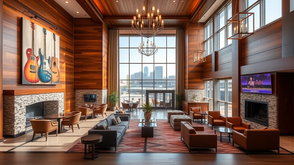 Modern luxury hotel lobby featuring warm wood tones, country music-inspired artwork, Tennessee stone accents, elegant chandeliers, comfortable seating areas, natural light from large windows overlooking Nashville skyline