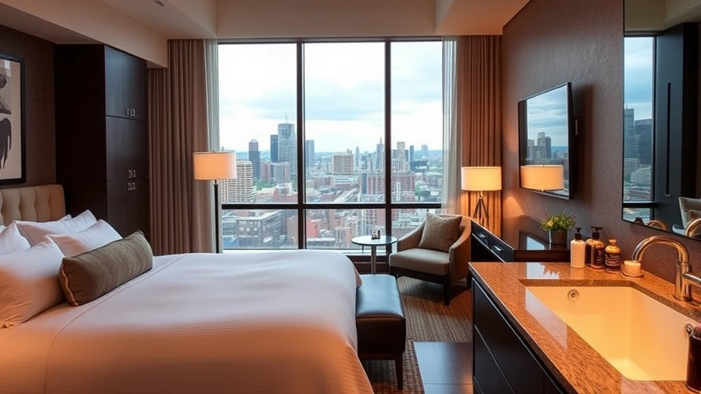 Upscale hotel guest suite with contemporary furnishings, plush bedding, floor-to-ceiling windows showing Nashville downtown views, elegant bathroom with spa amenities, warm ambient lighting