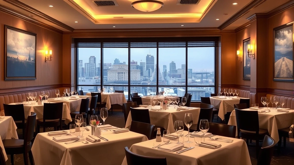 Fine dining restaurant interior with sophisticated ambiance, white tablecloths, warm lighting, local artwork on walls, elegant place settings, Nashville skyline visible through windows, no visible signage or text