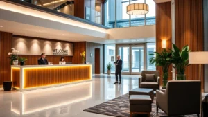 Modern hotel lobby with welcoming reception desk, warm lighting, comfortable seating area, and professional staff greeting guests in contemporary setting