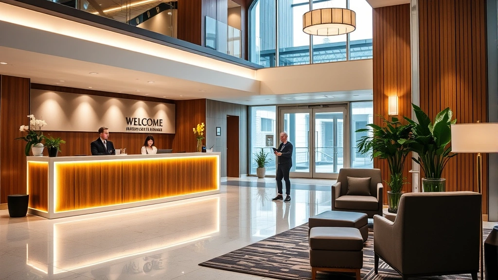 Modern hotel lobby with welcoming reception desk, warm lighting, comfortable seating area, and professional staff greeting guests in contemporary setting