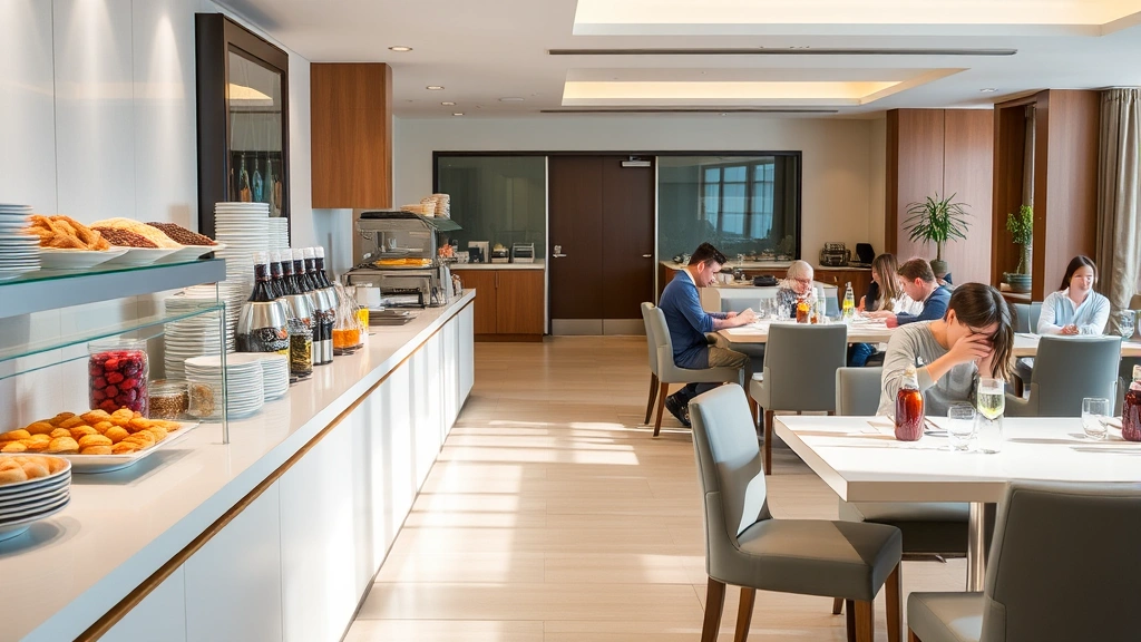 Bright hotel breakfast buffet with fresh pastries, fruit, beverages, and breakfast items displayed on counters with guests dining at tables