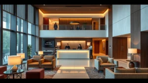 Photorealistic image of a modern hotel lobby with contemporary furniture, warm lighting, and a welcoming front desk area with staff assisting guests in professional attire