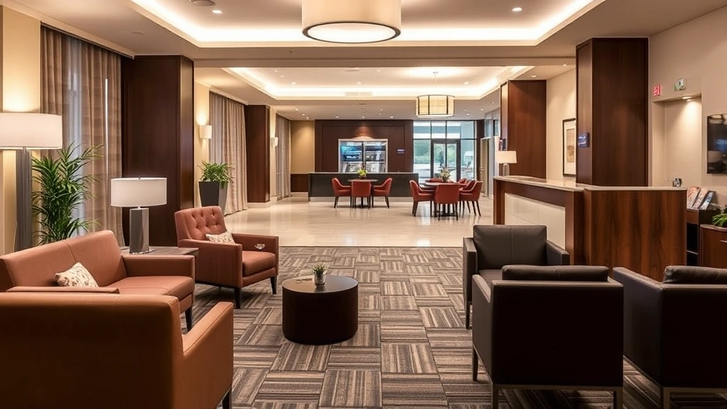 Modern hotel lobby in Dublin County with comfortable seating area, warm lighting, contemporary furnishings, and professional reception desk. Clean, welcoming atmosphere with neutral color palette and professional decor. No visible text, addresses, or signage.