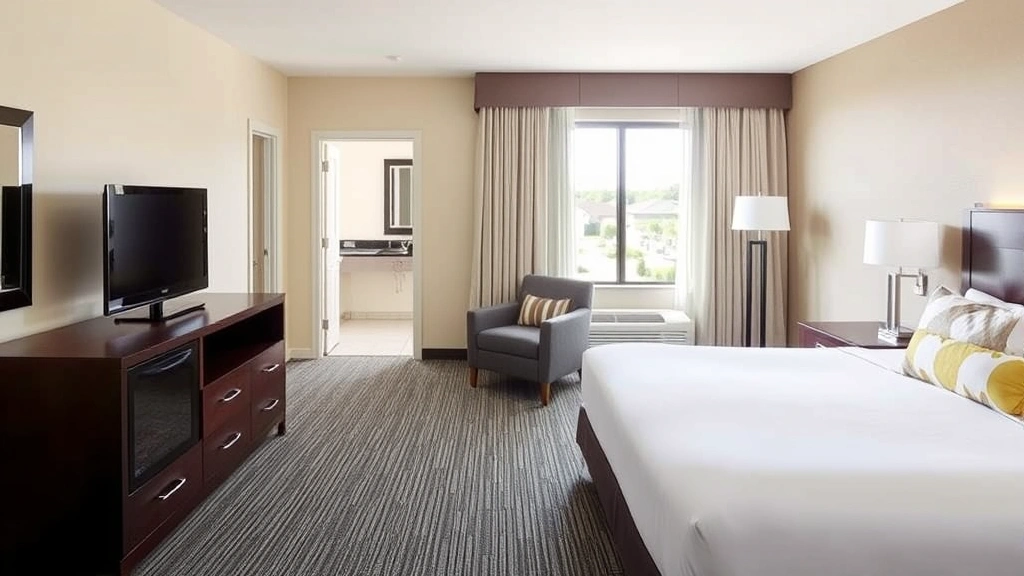 Spacious, well-appointed hotel room with queen bed, work desk, comfortable chair, flat-screen TV, and modern bathroom visible. Bright natural light from windows showing suburban landscape. Contemporary design with quality furnishings and clean linens. No room numbers or identifying information visible.