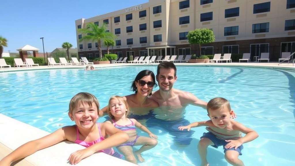 Family enjoying hotel pool area with clear water, lounge chairs, and surrounding landscaping. Sunny day with families relaxing poolside. Well-maintained facility showing amenities and recreational space. No visible signage, building numbers, or text elements in the image.