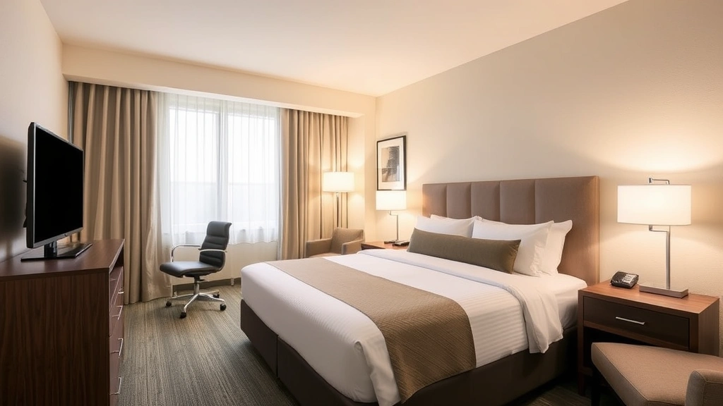 Modern clean economy hotel room with queen bed, neutral colors, functional furniture, and contemporary lighting in Atlanta
