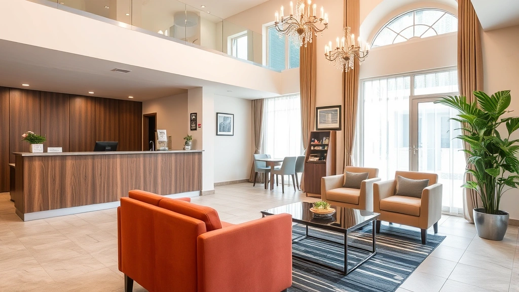 Bright hotel lobby with front desk, comfortable seating area, and clean contemporary design in budget accommodation