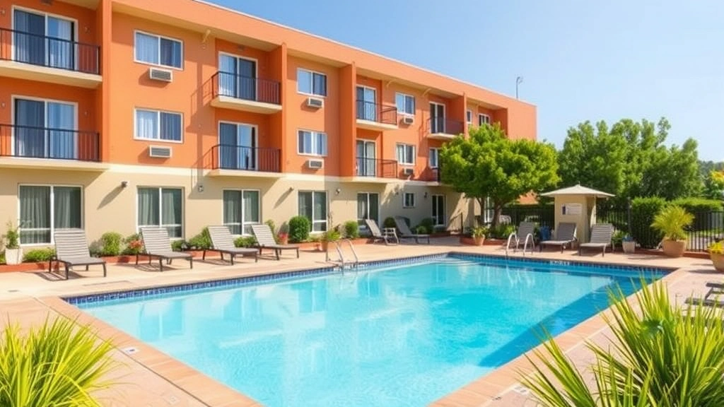 Hotel outdoor swimming pool area with lounge chairs, landscaping, and clear water on sunny day at budget property