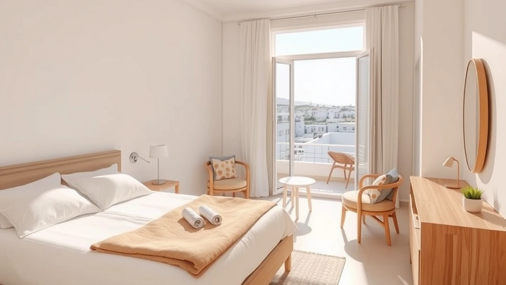 Bright Mediterranean hotel room with white walls, comfortable bed, modern minimalist furniture, and warm natural sunlight streaming through open window overlooking Ibiza townscape