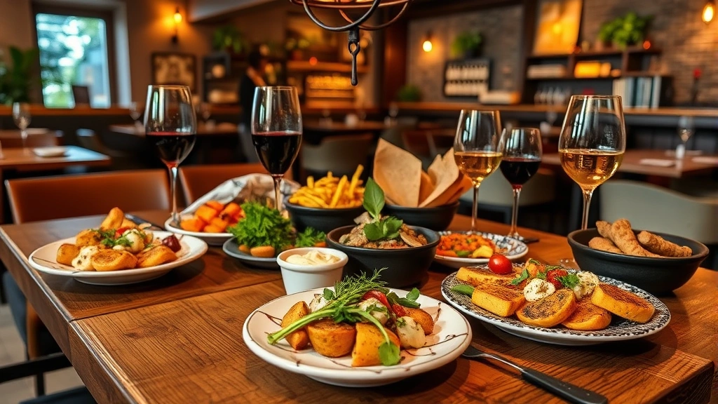 Authentic Spanish tapas and Mediterranean cuisine dishes artfully arranged on rustic wooden table with wine glasses, fresh ingredients, and warm ambient restaurant lighting