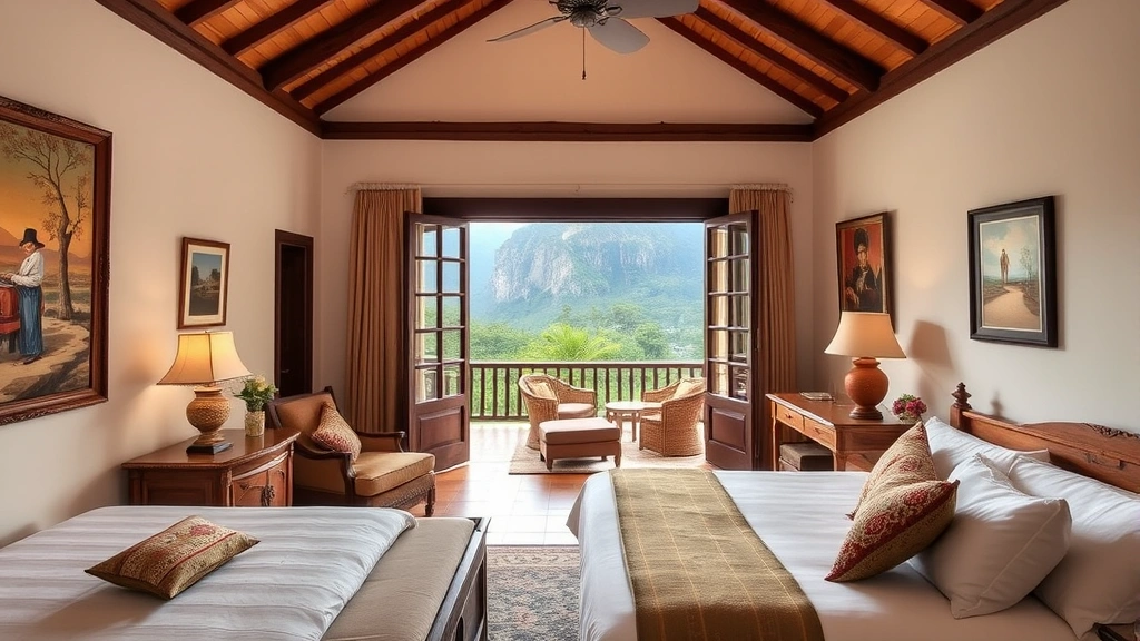 Interior of a luxury boutique hotel suite with colonial architectural elements, local artwork, wooden furnishings, and open terrace overlooking mountain landscape