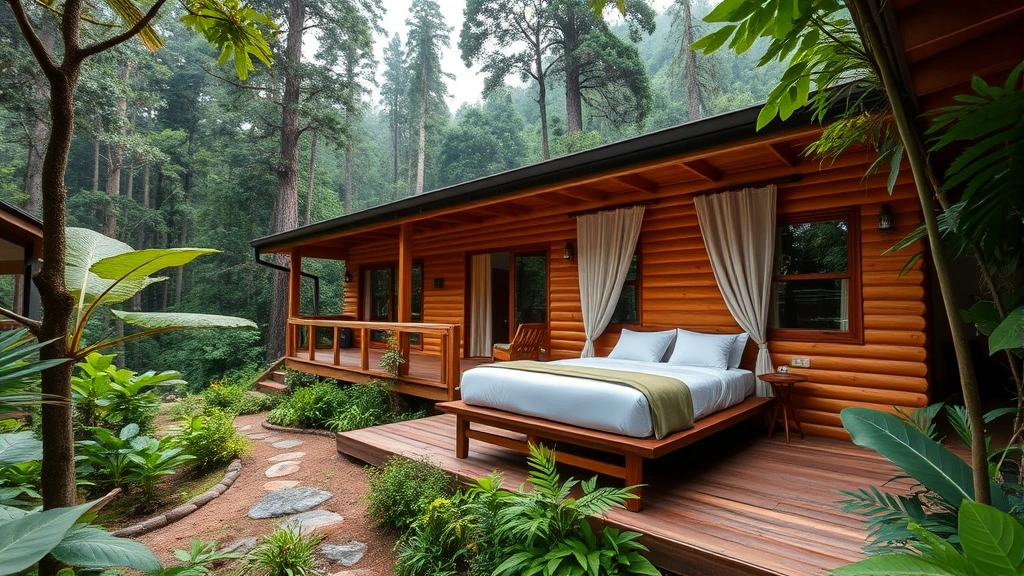 Eco-lodge accommodation surrounded by lush cloud forest vegetation with modern comfortable amenities, natural wood construction, and forest canopy views