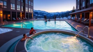 Modern hotel heated outdoor pool with hot tub, mountain landscape background, guests relaxing in winter with snow-covered peaks visible, evening lighting, family-friendly atmosphere