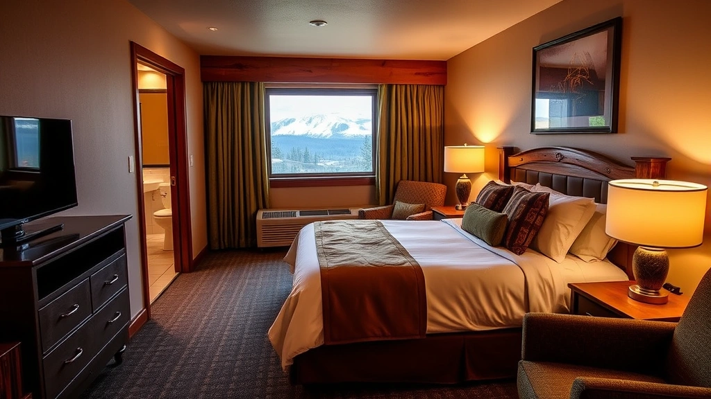 Comfortable hotel room interior with queen bed, rustic lodge décor, clean bathroom visible through doorway, warm lighting, mountain view window, contemporary but cozy furnishings