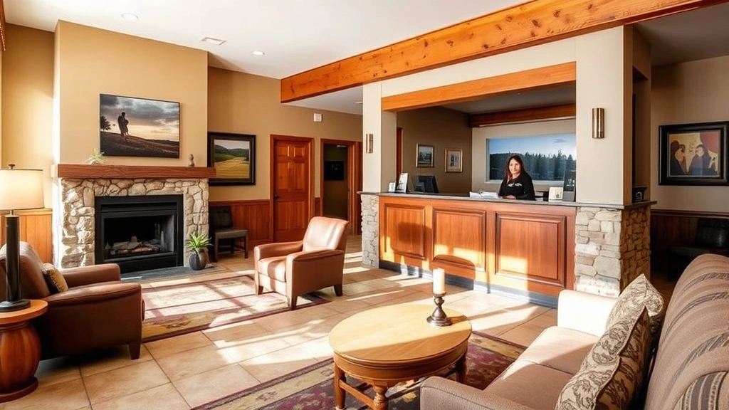 Hotel lobby and reception area with friendly staff behind counter, comfortable seating area, fireplace, local artwork on walls, bright natural lighting, welcoming mountain lodge aesthetic