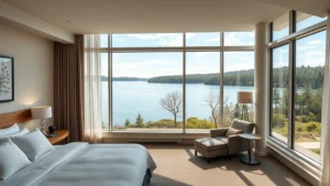 Modern hotel room with large windows overlooking calm lake water and forested shoreline, natural daylight, contemporary furnishings, peaceful atmosphere