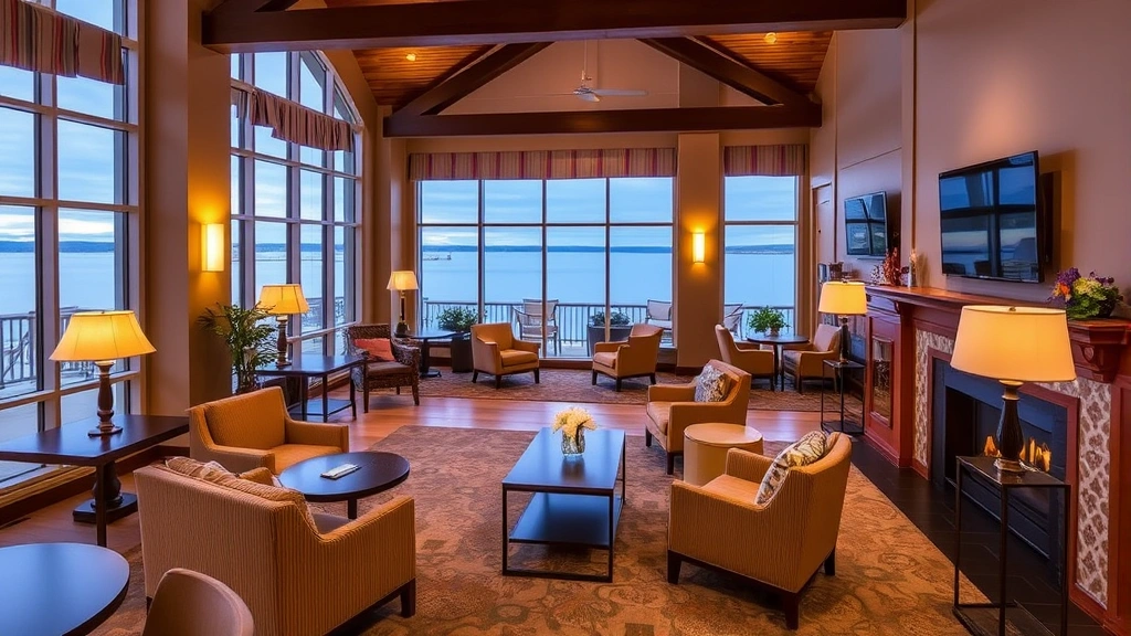 Hotel lobby with waterfront views, comfortable seating areas, large windows showing Lake Superior, warm lighting, welcoming interior design