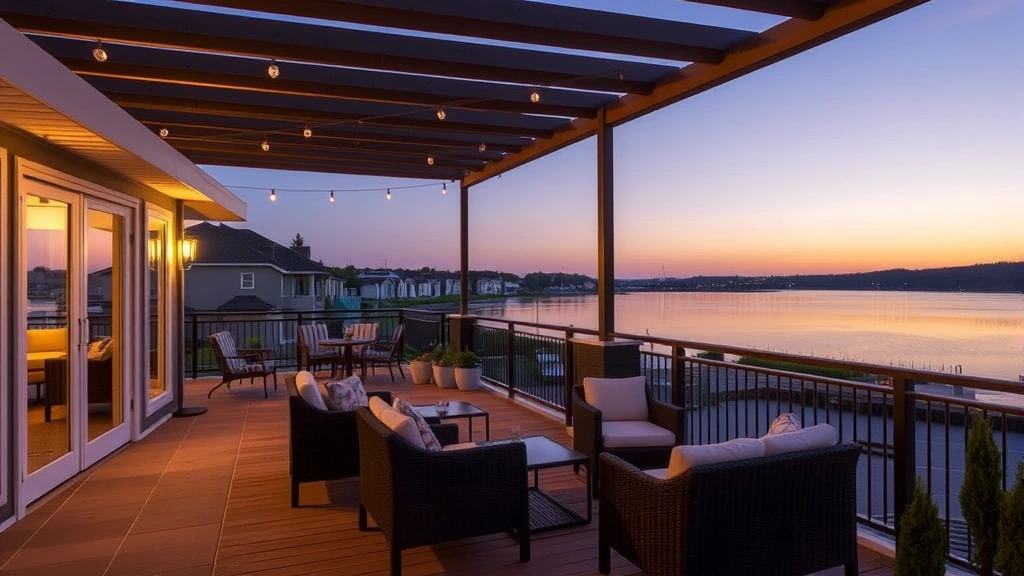 Outdoor hotel patio or deck area with lounge seating overlooking water, sunset lighting, residential feel, no people visible, peaceful setting