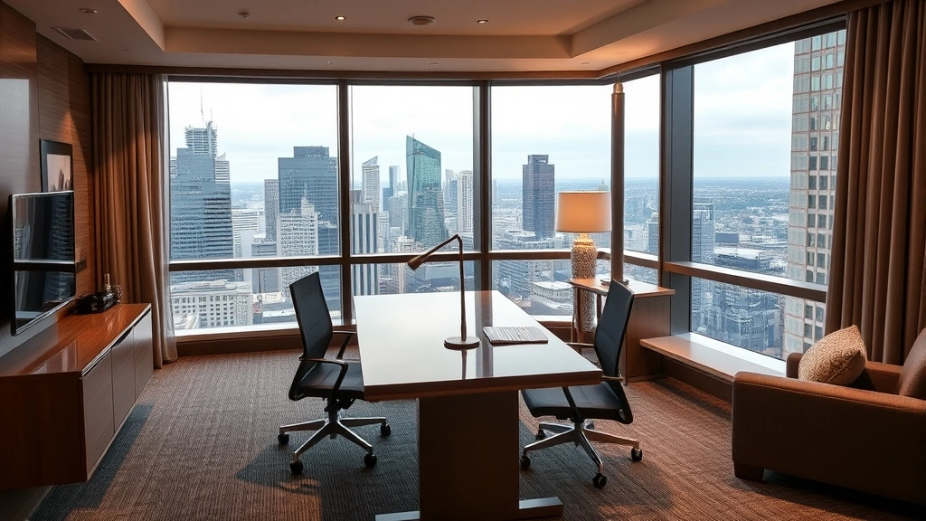 Modern executive hotel room with ergonomic desk, business workspace, floor-to-ceiling windows overlooking city skyline, contemporary furnishings, professional lighting, clean minimalist design
