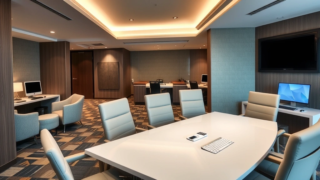 Executive hotel business center with comfortable seating, modern computers, professional meeting table, high-end office equipment, ambient lighting, focused work environment