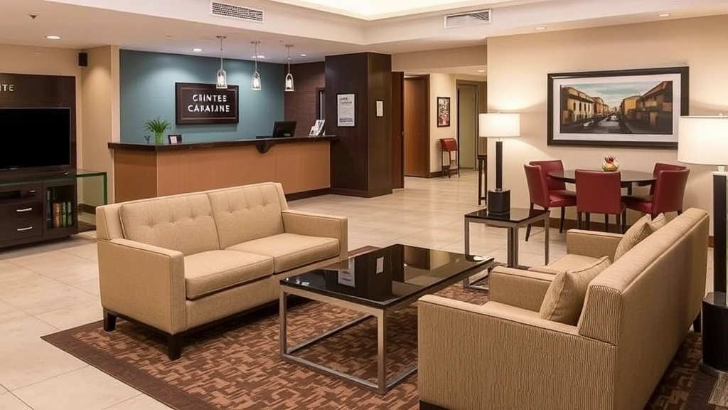 Hotel lobby or common area with comfortable seating, professional decor, welcoming atmosphere, check-in desk visible in background, clean and well-maintained