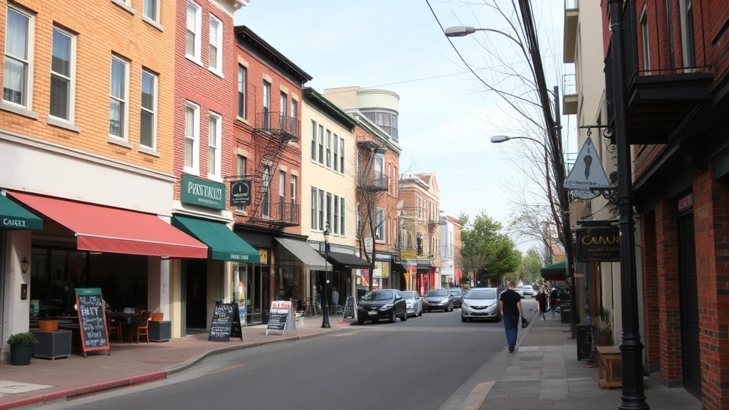 Neighborhood street view showing local shops, restaurants, pedestrian walkway, residential buildings, daytime scene with clear weather, urban residential setting