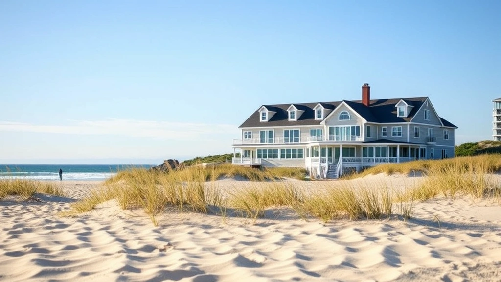 Coastal beachfront hotel with ocean views, sandy beach in foreground, modern architecture, bright daylight, Cape Cod style building exterior, no signage or text visible