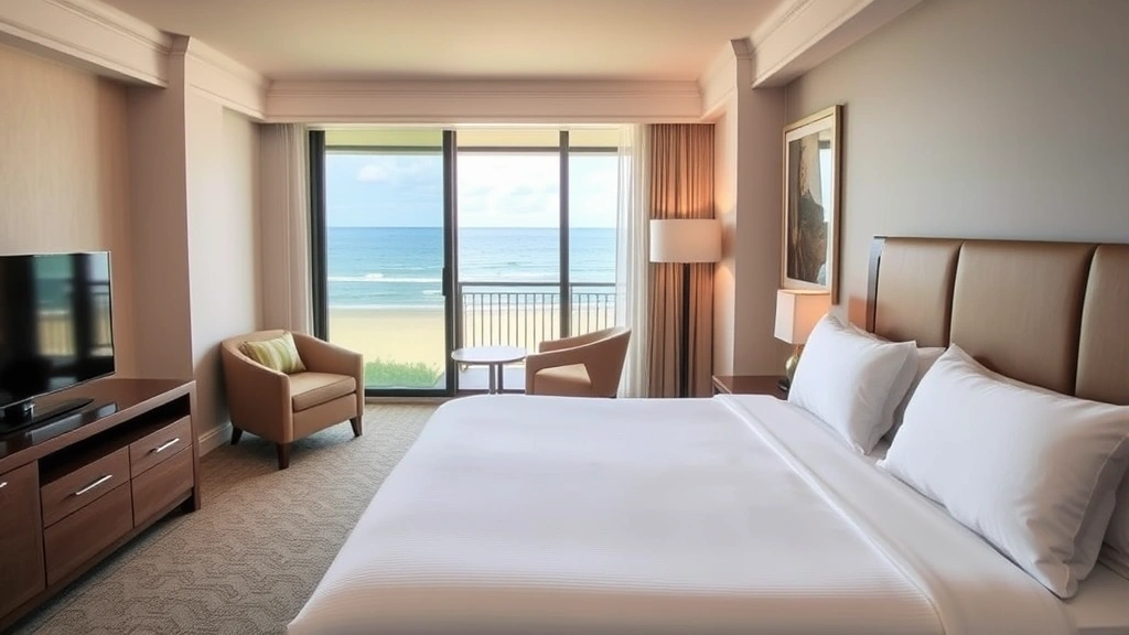 Comfortable hotel room interior with king bed, ocean view window showing beach, modern furnishings, clean contemporary design, natural lighting, no room numbers or identifying text