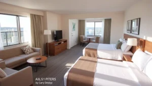 Modern family suite with two beds, comfortable seating area, bright natural light from windows, contemporary furnishings, spacious living room separated from bedroom area, neutral color palette, clean and welcoming atmosphere