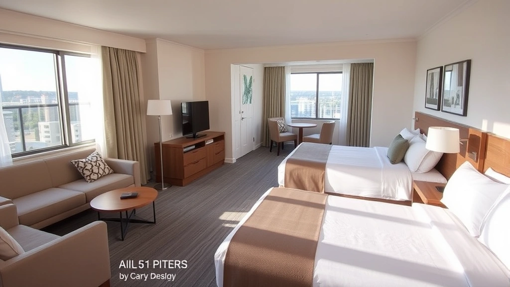 Modern family suite with two beds, comfortable seating area, bright natural light from windows, contemporary furnishings, spacious living room separated from bedroom area, neutral color palette, clean and welcoming atmosphere