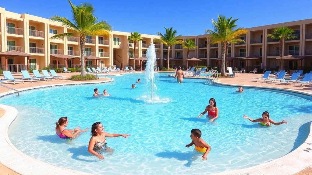 Resort pool area designed for families with shallow children's section, water fountains, lounge chairs, palm trees, clear blue water, sunny day, families swimming and relaxing, safe and inviting environment