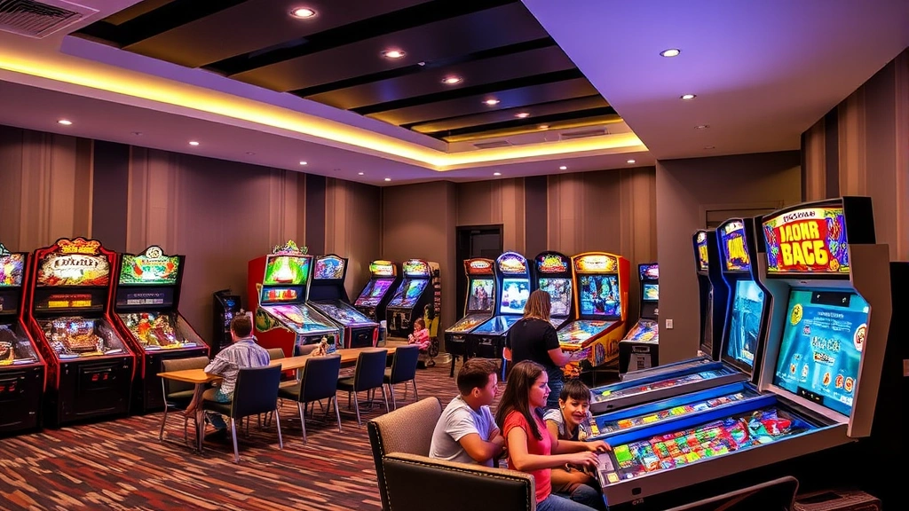 Hotel arcade and game room with colorful gaming machines, pinball games, comfortable seating, bright lighting, families enjoying entertainment together, modern facilities, fun and engaging atmosphere