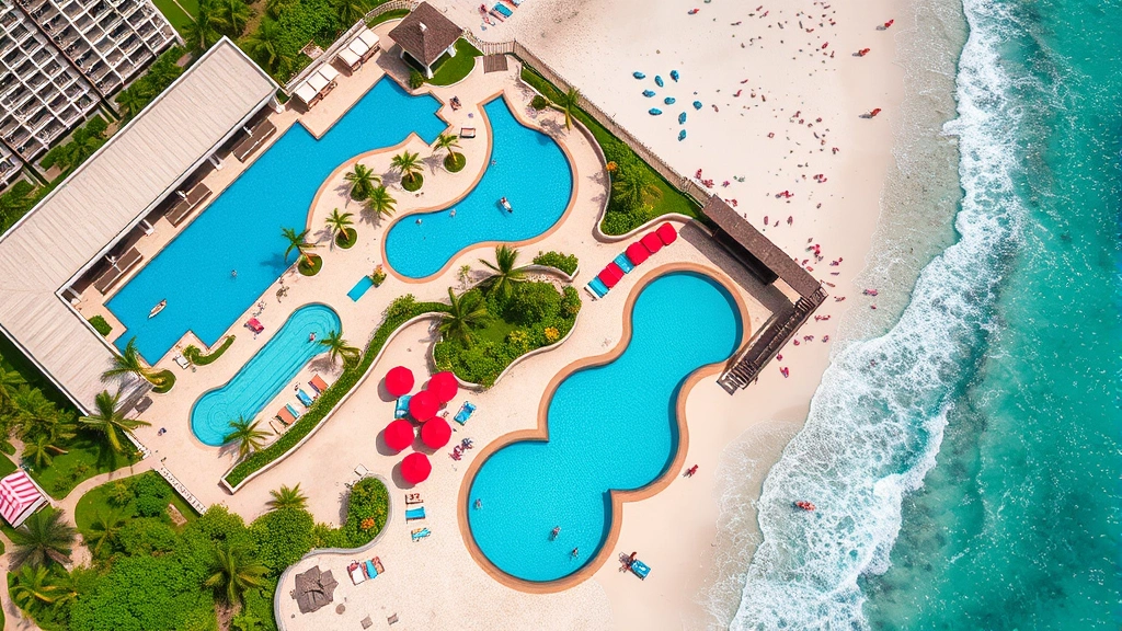 Aerial view of a beachfront family resort in Cancun with multiple pools, beach access, and colorful umbrellas, families enjoying water activities, turquoise Caribbean water visible, tropical landscaping