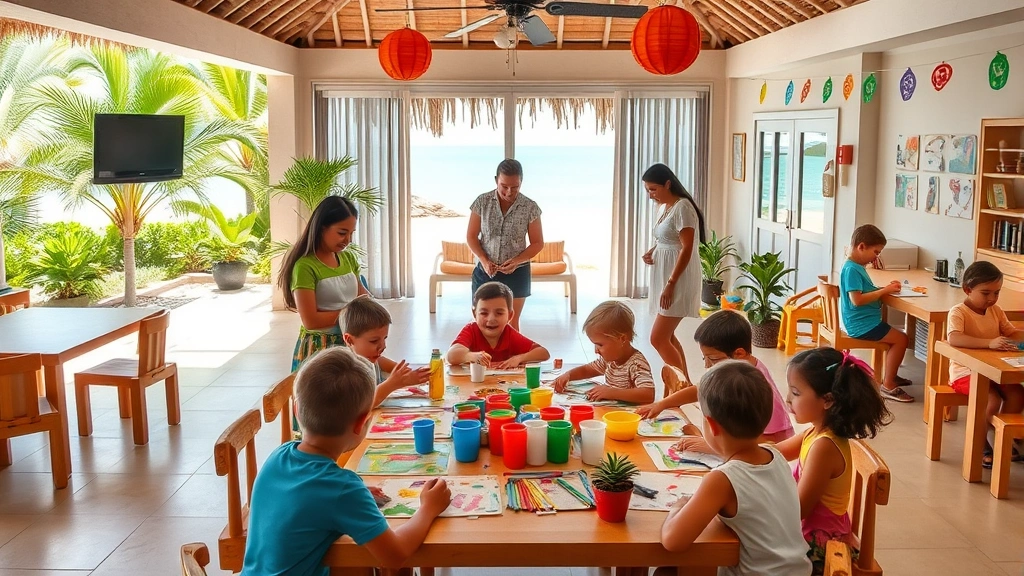 Kids' club activity area at tropical resort with children doing arts and crafts, playing games, supervised by staff, colorful decorations, beach view in background, joyful atmosphere