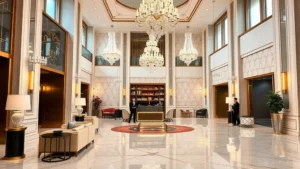 Elegant luxury hotel lobby with marble floors, crystal chandeliers, and upscale modern furnishings, professional staff at concierge desk, neutral color palette with gold accents